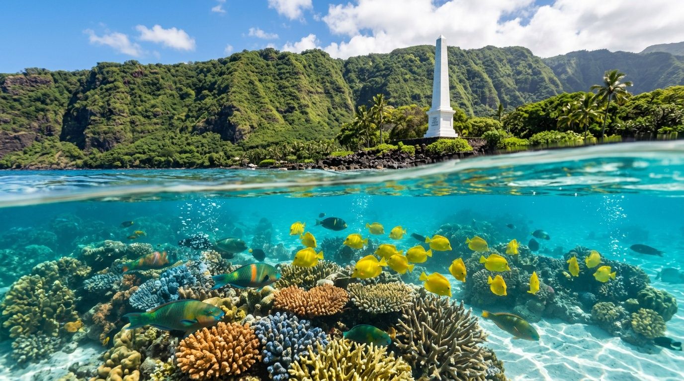 A split-level view of a coral reef with colorful fish below and a monument against lush mountains above.