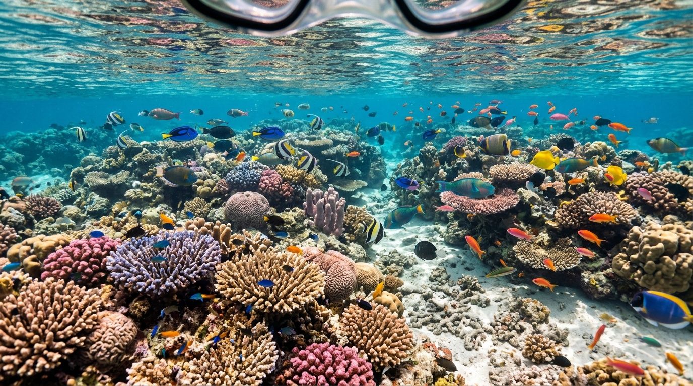 A vibrant underwater scene featuring diverse coral reefs and numerous tropical fish seen from a snorkel mask.