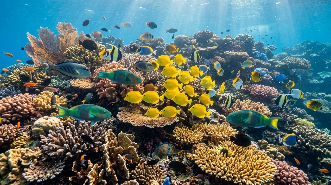 A vibrant coral reef ecosystem teeming with colorful tropical fish swimming through clear blue underwater surroundings.