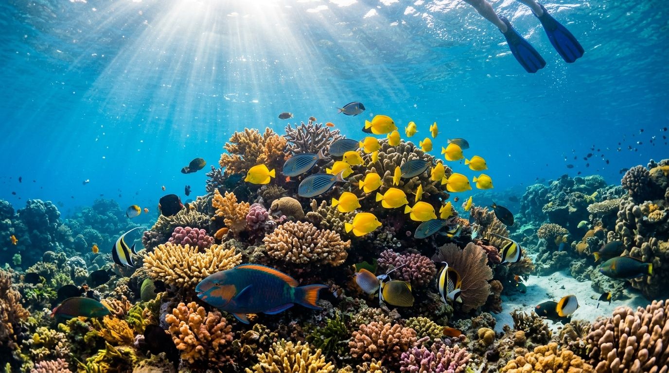 A colorful coral reef teeming with tropical fish as a snorkeler swims above in clear blue water.