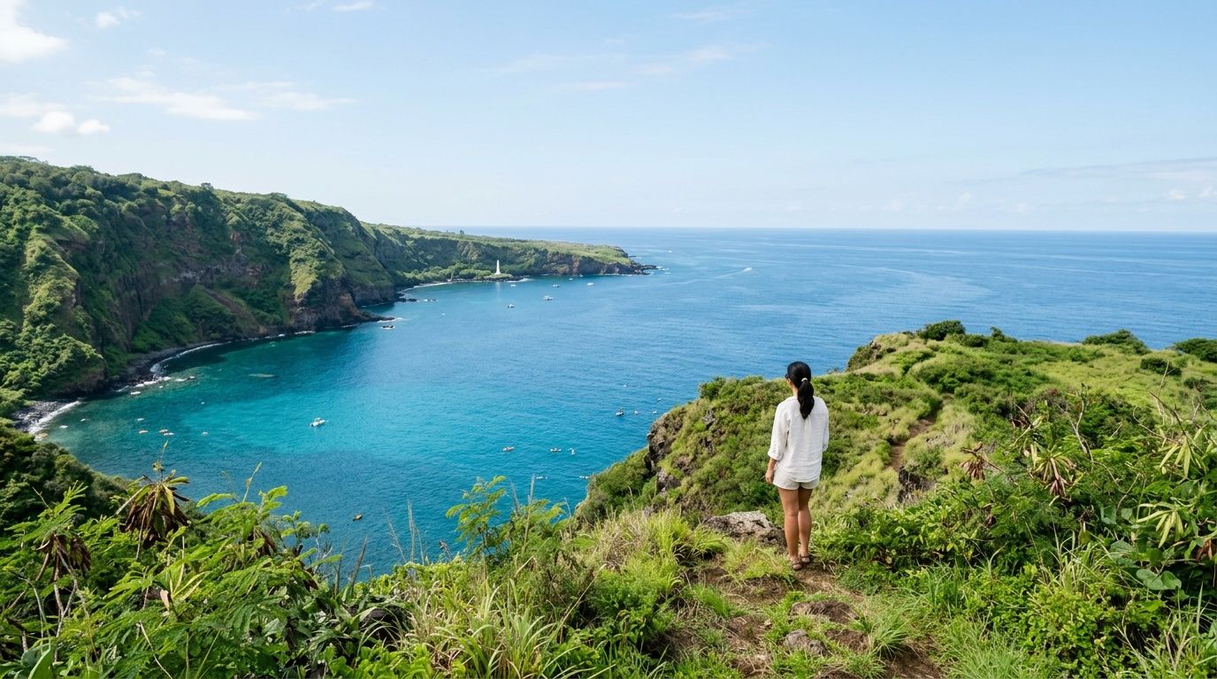 A person standing on a cliff edge looking out at the beautiful blue bay of Kealakekua.