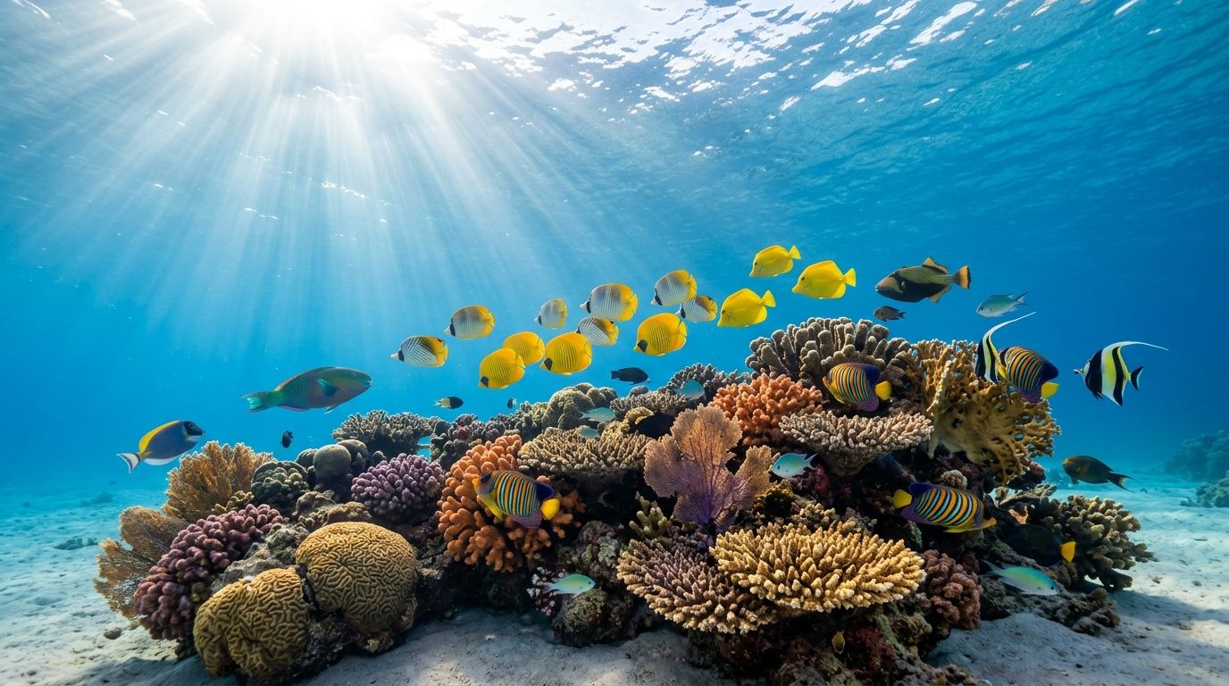 Vibrant tropical fish swim among colorful coral reefs in the clear, sunlit waters of the ocean.