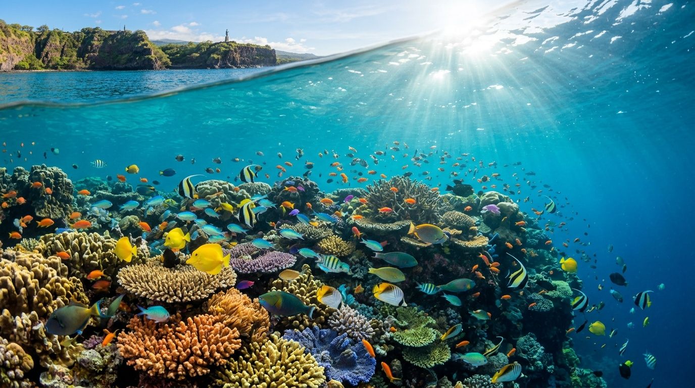 A vibrant coral reef underwater scene teeming with colorful tropical fish near Captain Cook Monument in Hawaii.