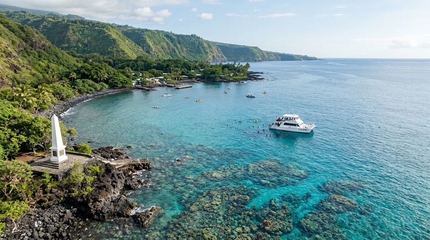 An aerial view of the Captain Cook Monument with a tour boat and snorkelers in Kealakekua Bay.