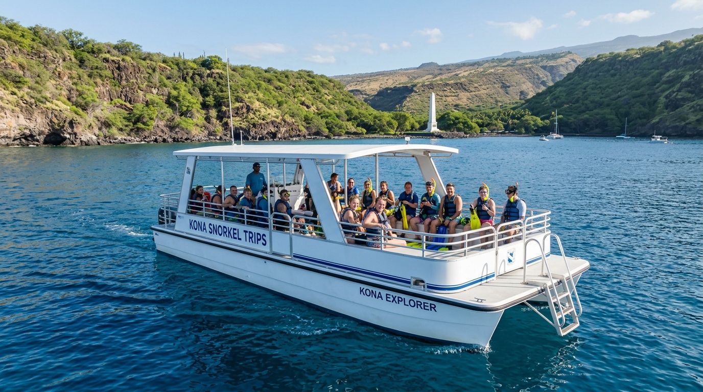 A group of people wearing life jackets on a Kona Snorkel Trips boat in Hawaii.
