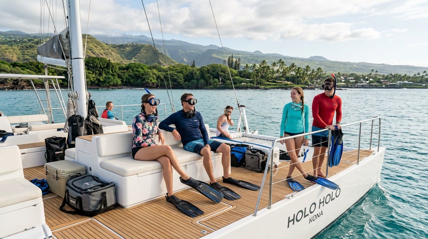 A group of people wearing snorkeling gear sitting on a catamaran boat in Hawaii.