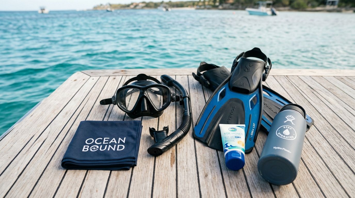Snorkeling gear including a mask, snorkel, fins, sunscreen, and a water bottle on a wooden deck.