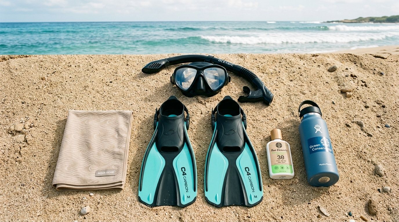 Snorkeling equipment including mask, snorkel, fins, towel, sunscreen, and water bottle laid out on a sandy beach.