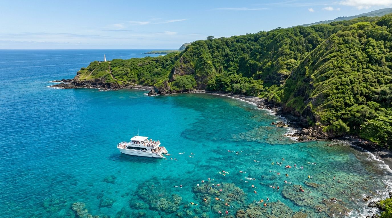 A group of people snorkeling around a white tour boat in the crystal clear turquoise Kealakekua Bay.