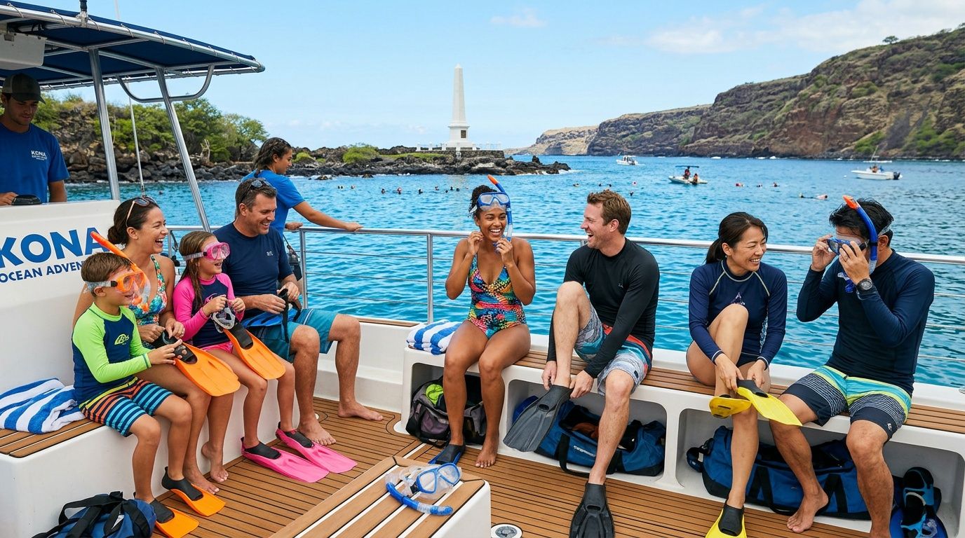 A group of diverse people preparing for snorkeling on a boat in a beautiful tropical bay.