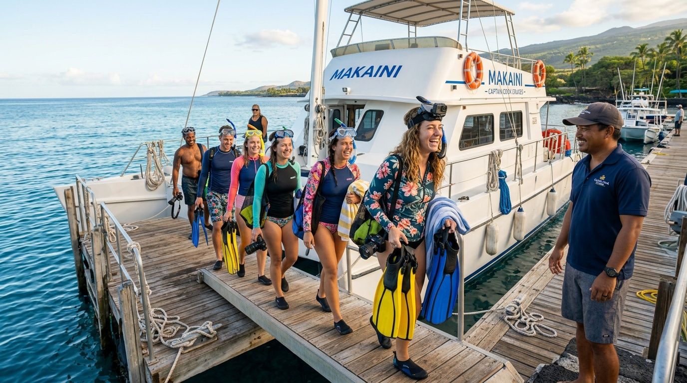 A group of happy snorkelers walking off the Makaini boat onto a wooden pier in Hawaii.
