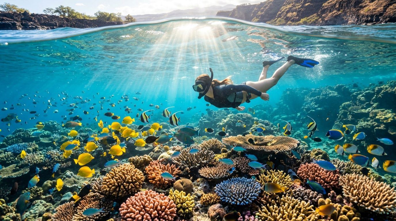 A person snorkeling over a vibrant coral reef filled with colorful tropical fish in crystal clear water.