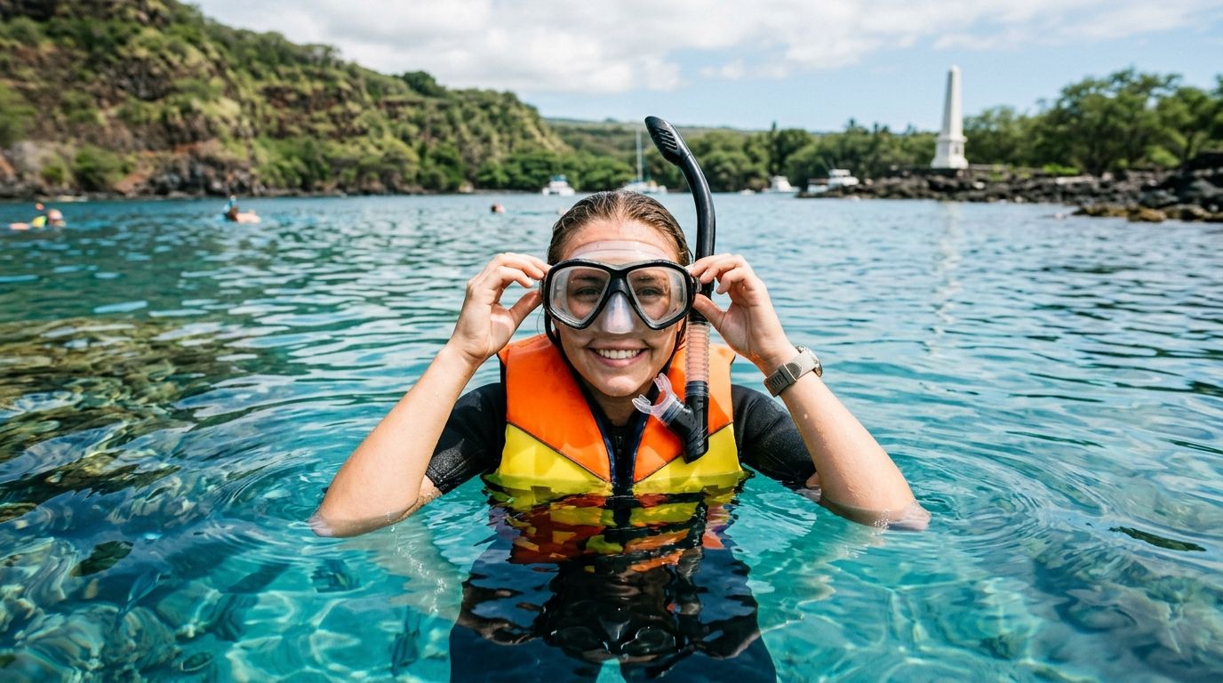 A smiling young woman in a life vest and snorkeling gear swims in crystal clear tropical waters.