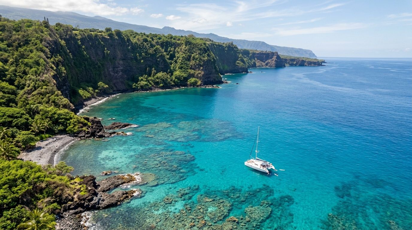 A white catamaran anchored in the turquoise waters of a tropical bay with lush green cliffs.