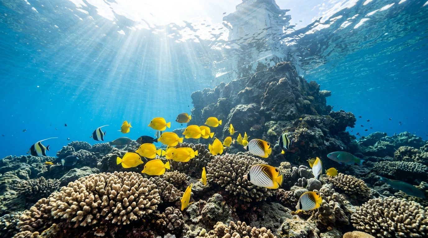A vibrant coral reef underwater with many colorful tropical fish swimming near a rock formation.