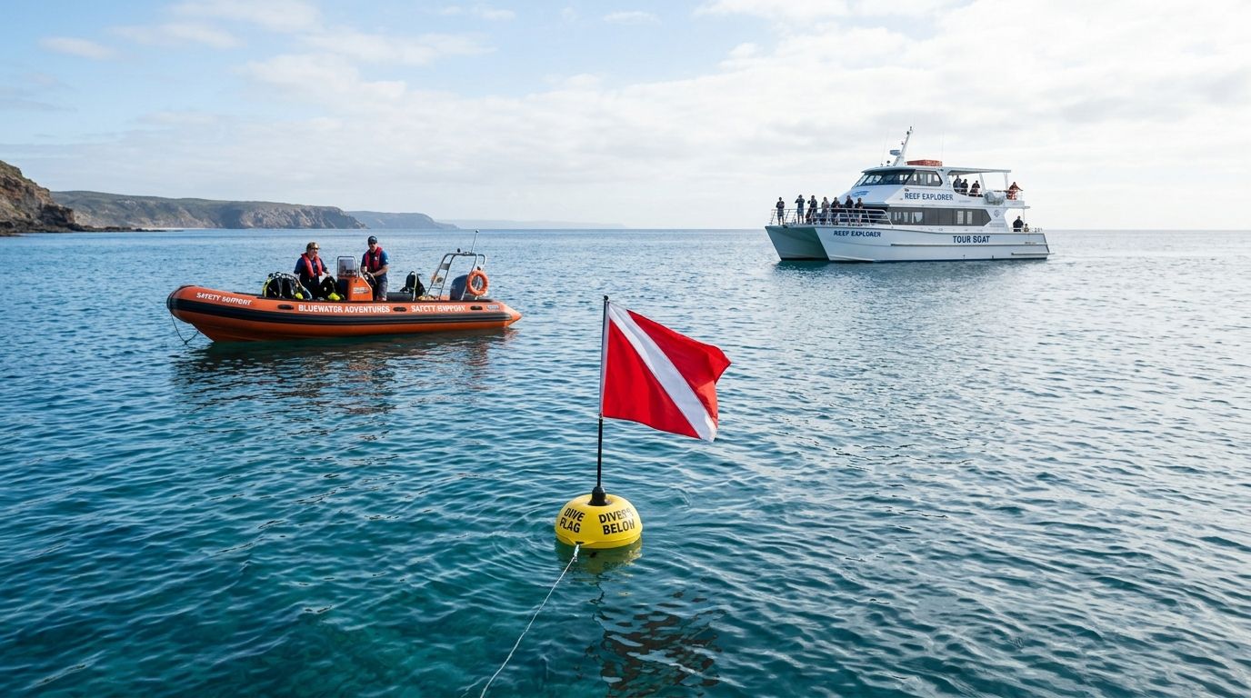 A safety support boat and a large tour boat with passengers parked near a dive flag buoy.