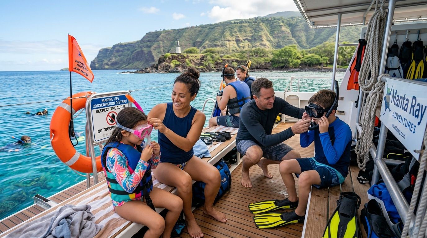 A family preparing for snorkeling on a boat deck in clear blue Hawaiian waters.