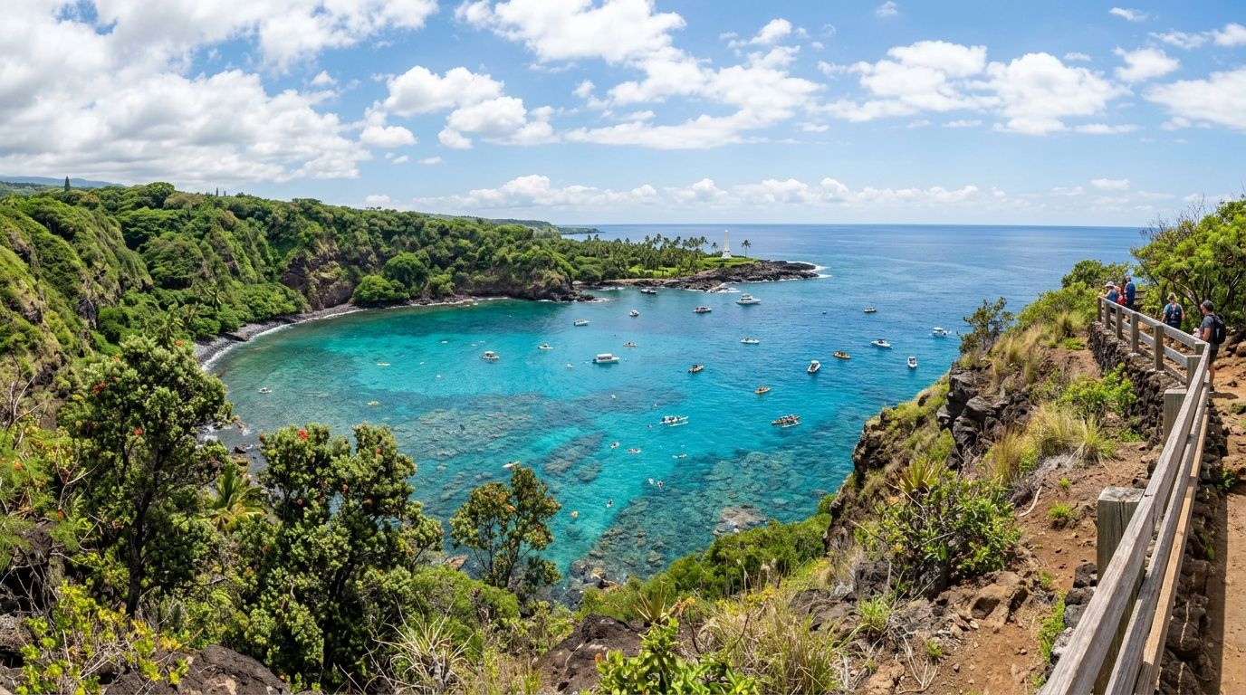 A scenic view of a turquoise bay with boats and a monument, taken from a coastal path.