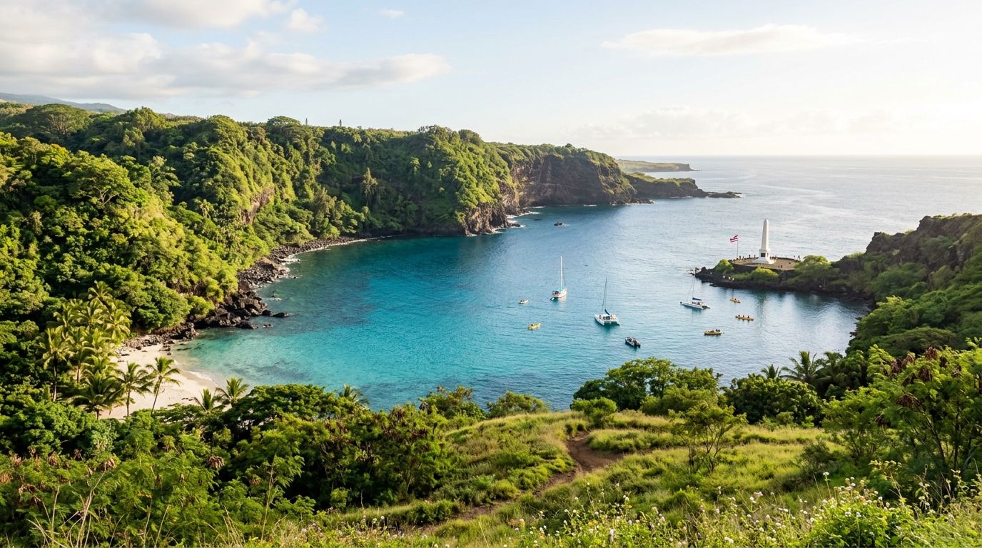 A scenic view of Kealakekua Bay with lush green cliffs, turquoise waters, and the Captain Cook Monument.