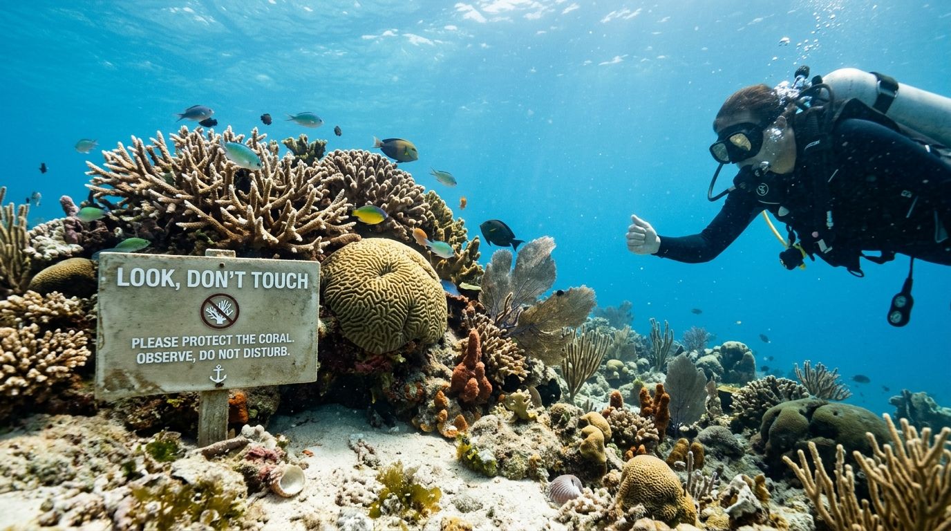 A scuba diver swims near a sign advising visitors to look but not touch the coral reef.