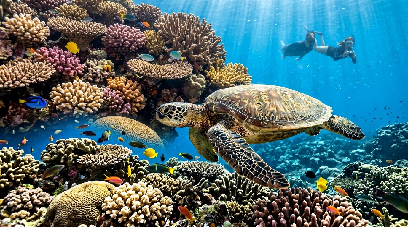 A sea turtle swims gracefully near a vibrant coral reef while two snorkelers enjoy the clear water.