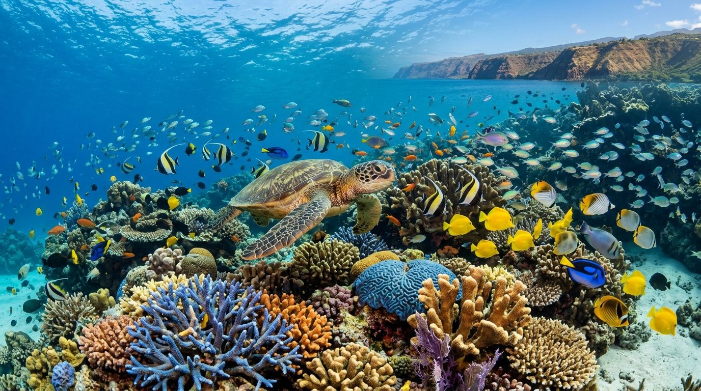 A sea turtle swims gracefully through a vibrant coral reef teeming with colorful tropical fish underwater.