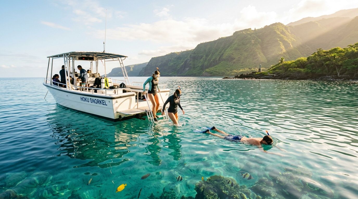Tourists snorkeling in crystal clear tropical waters near a boat at Captain Cook monument in Hawaii.
