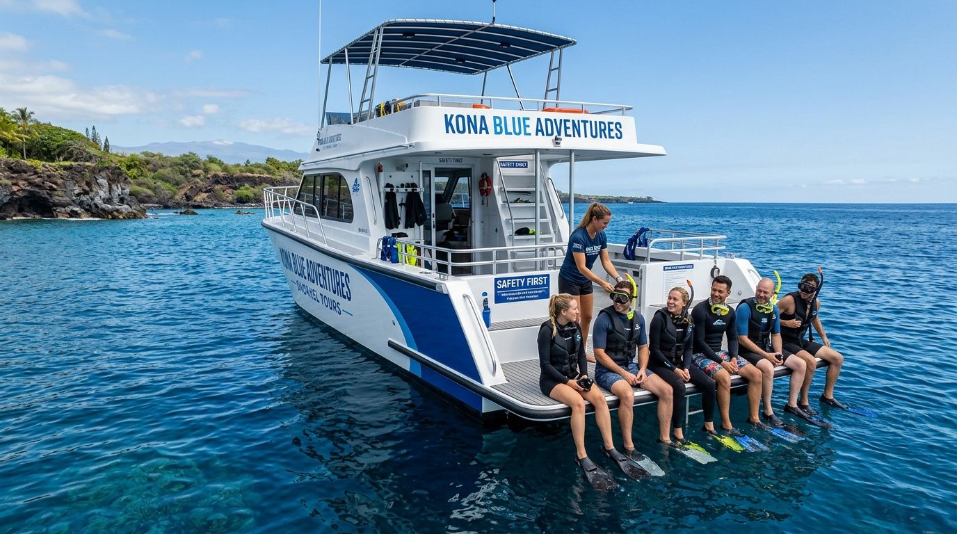 A group of snorkelers sitting on the back of a Kona Blue Adventures boat in Hawaii.
