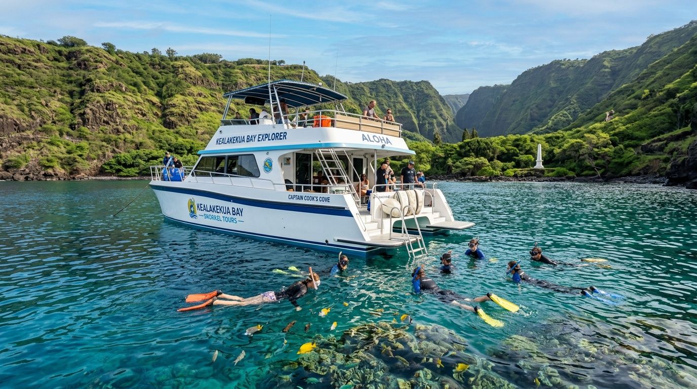 A tour boat anchored in Kealakekua Bay with snorkelers swimming in the clear blue water nearby.