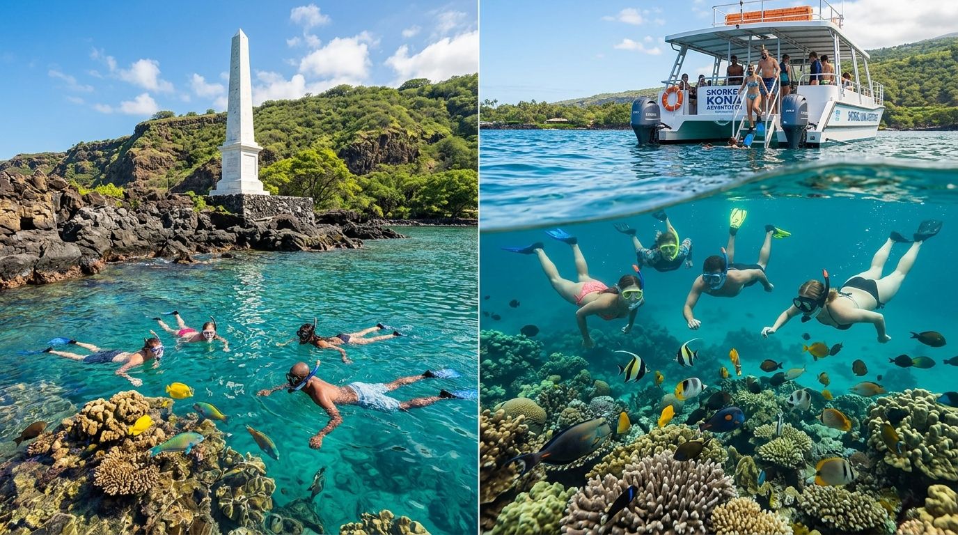 Tourists snorkeling near the Captain Cook monument in Kealakekua Bay with colorful tropical fish and coral reefs.