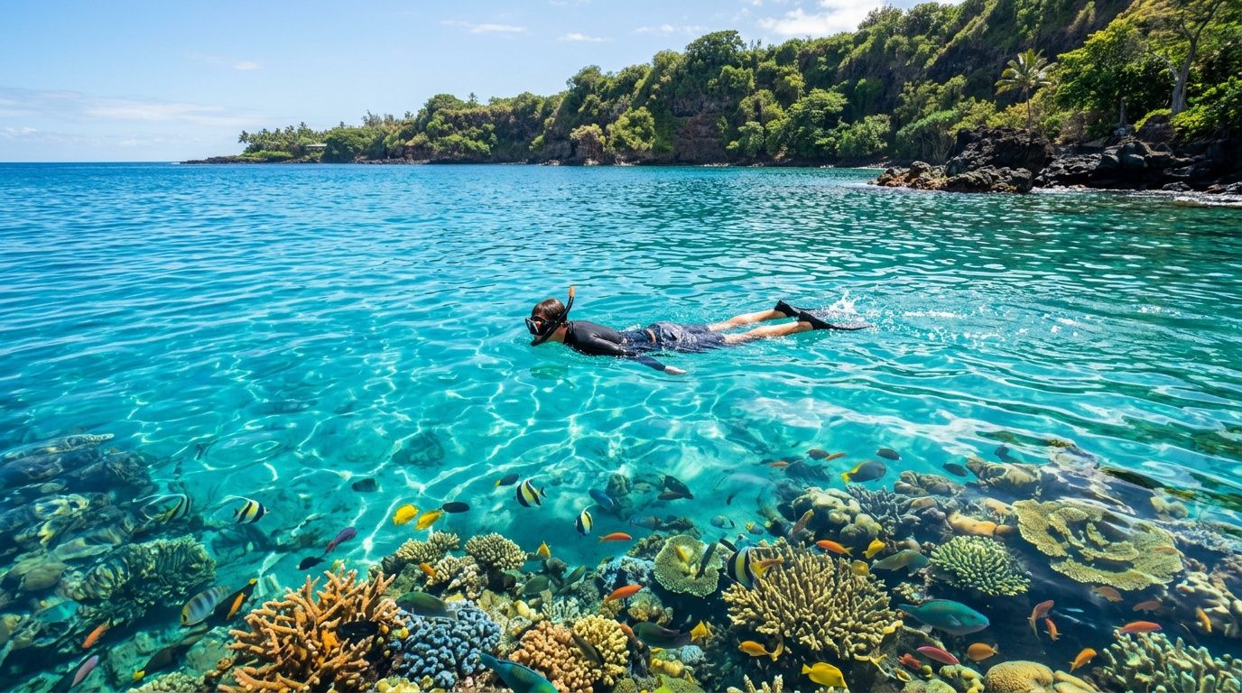 A snorkeler swims over a vibrant coral reef filled with colorful tropical fish in crystal clear blue water.