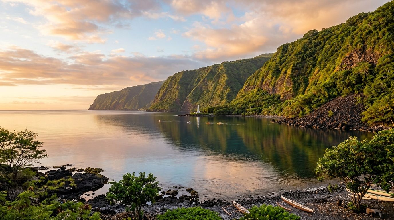 A serene tropical bay at sunset with lush green mountains and calm ocean waters in Hawaii.