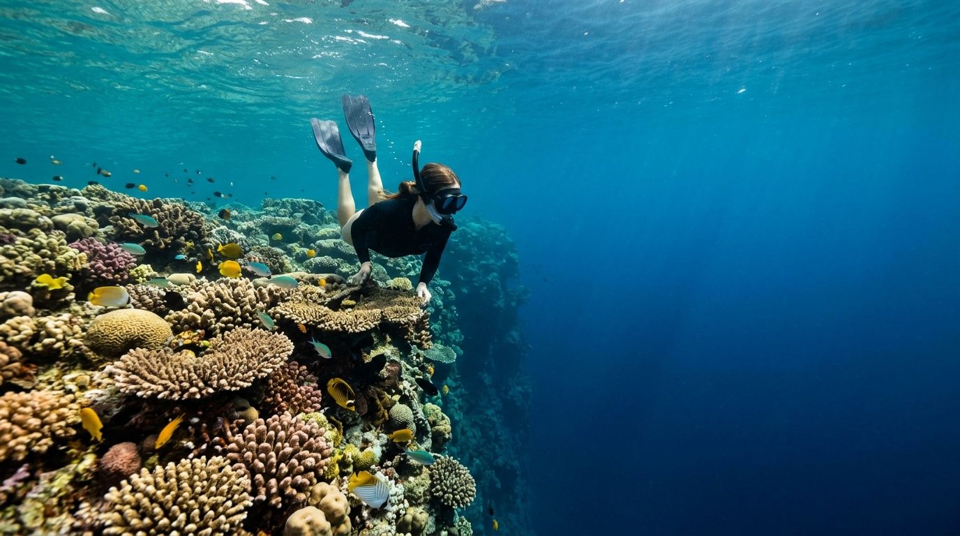 A person snorkeling over a vibrant coral reef in clear blue tropical ocean waters.