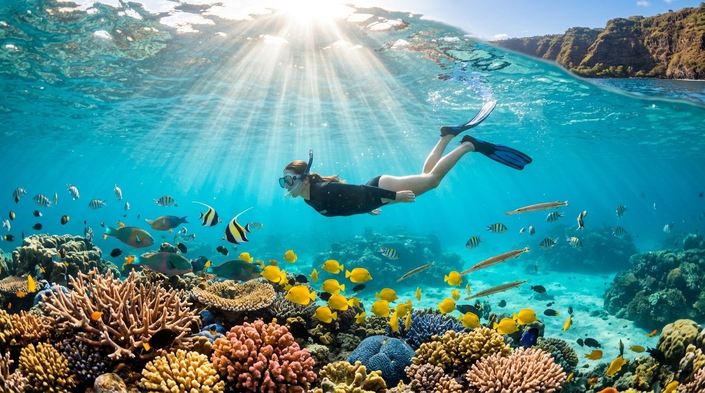 A snorkeler swims through clear blue water among vibrant coral reefs and tropical fish in Hawaii.