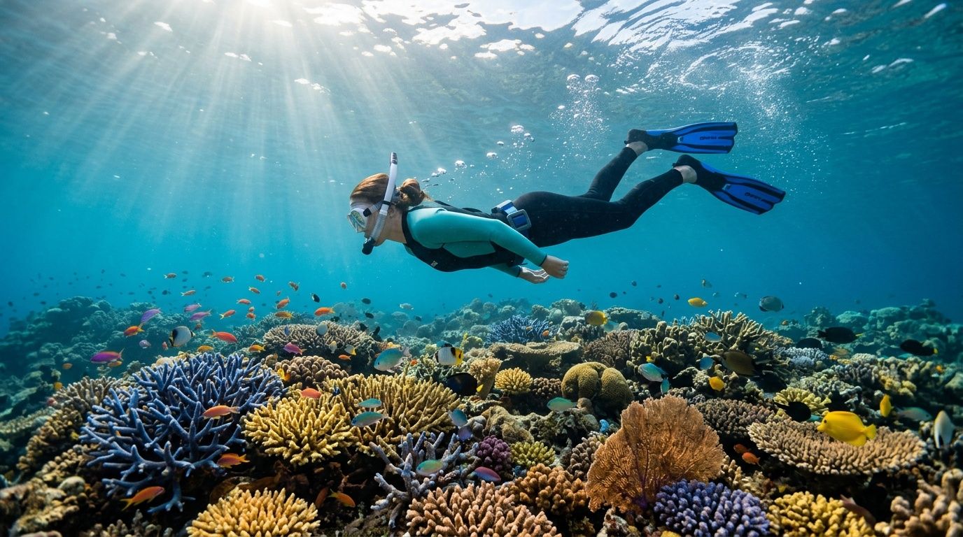 A snorkeler explores a vibrant coral reef filled with colorful tropical fish beneath the sunny ocean surface.