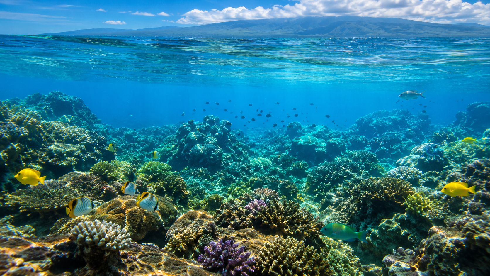 A scenic underwater view of a colorful coral reef with tropical fish near the Big Island.
