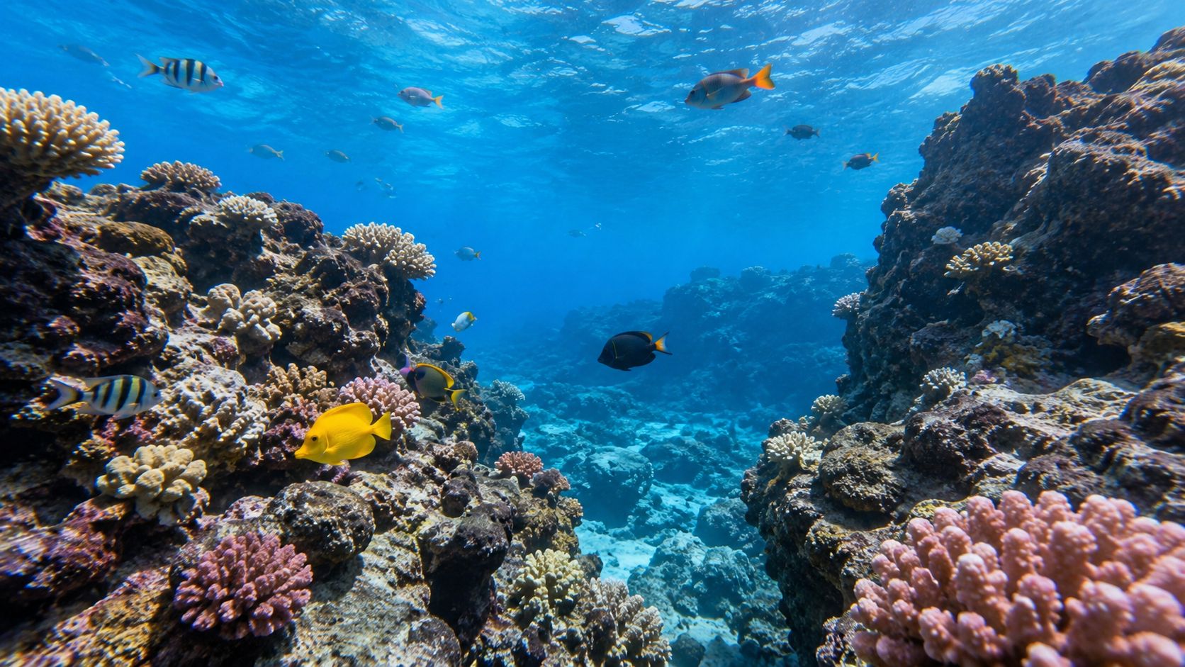 A vibrant coral reef ecosystem featuring colorful tropical fish swimming through clear blue ocean waters.