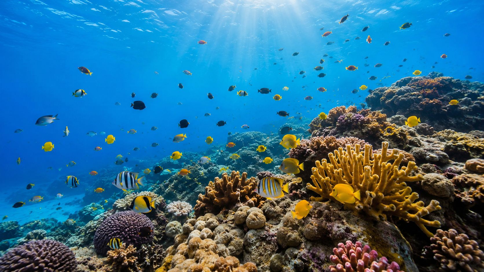 Vibrant coral reef teeming with colorful tropical fish in crystal clear blue ocean waters.