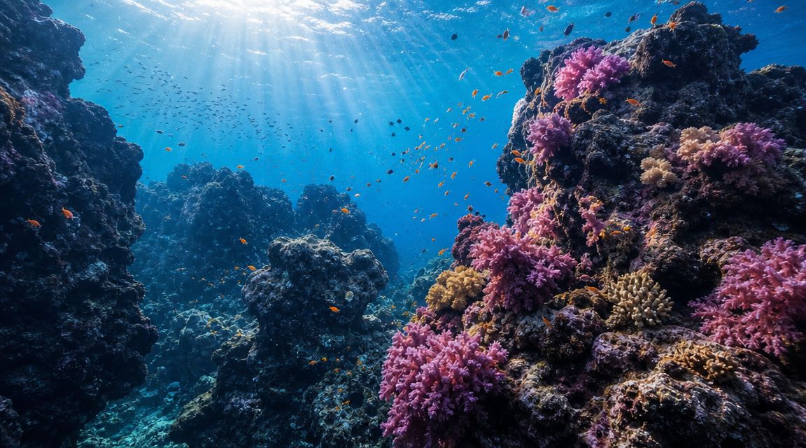 Vibrant coral reefs and small tropical fish under bright sunlight deep in the ocean water.