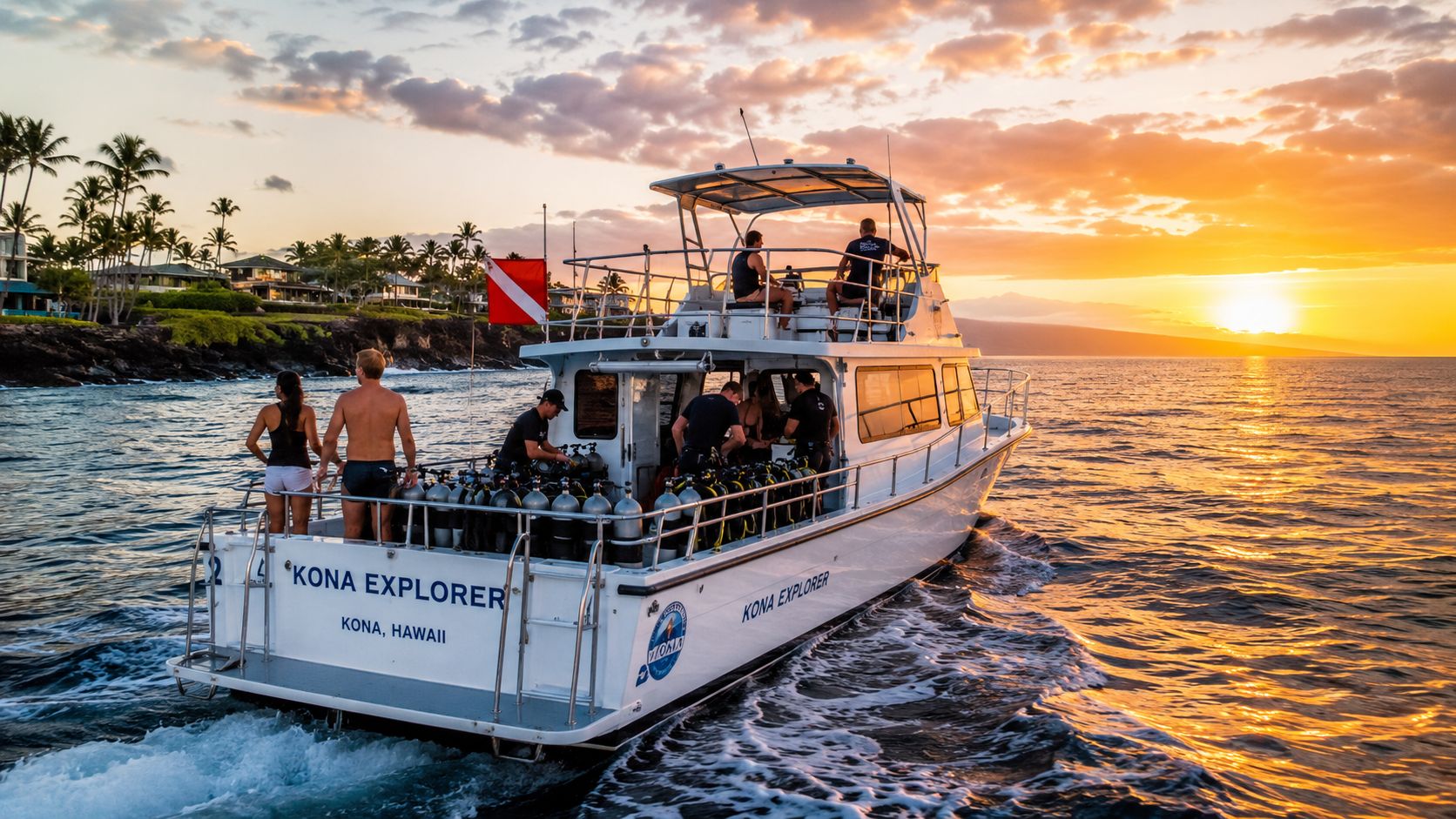 A Kona Explorer dive boat cruises along the Hawaiian coast during a beautiful golden sunset.