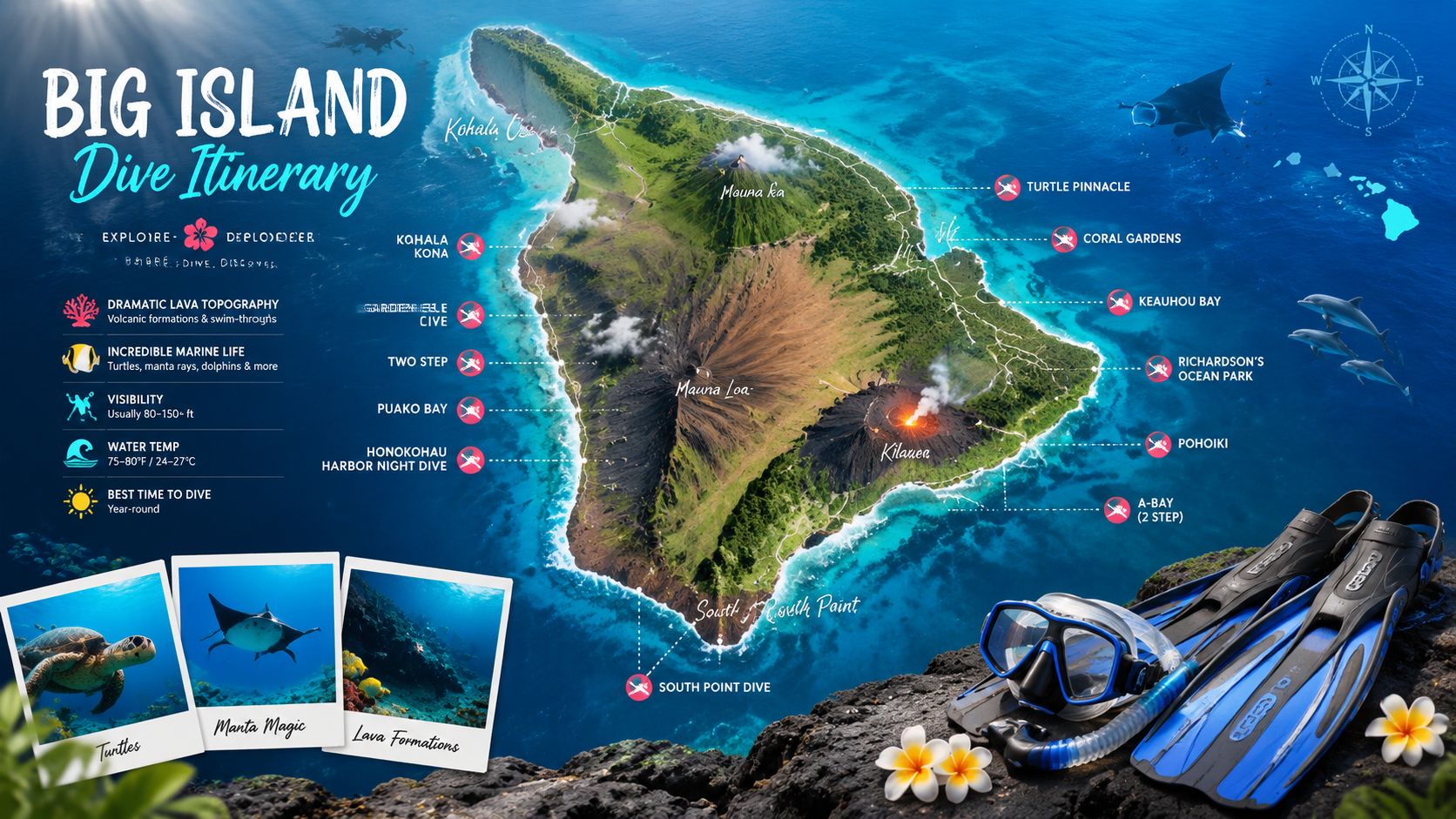 A map of Hawaii's Big Island featuring various popular scuba diving locations, marine life, and snorkeling equipment.