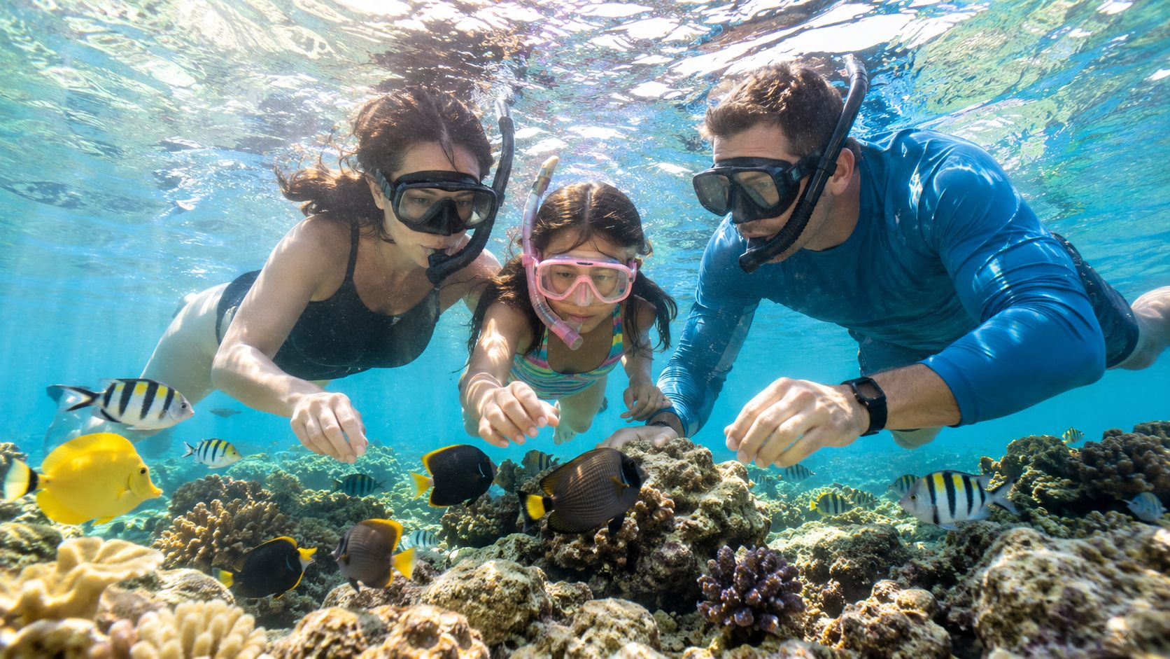 A family of three snorkeling together among vibrant coral reefs in clear blue tropical ocean waters.