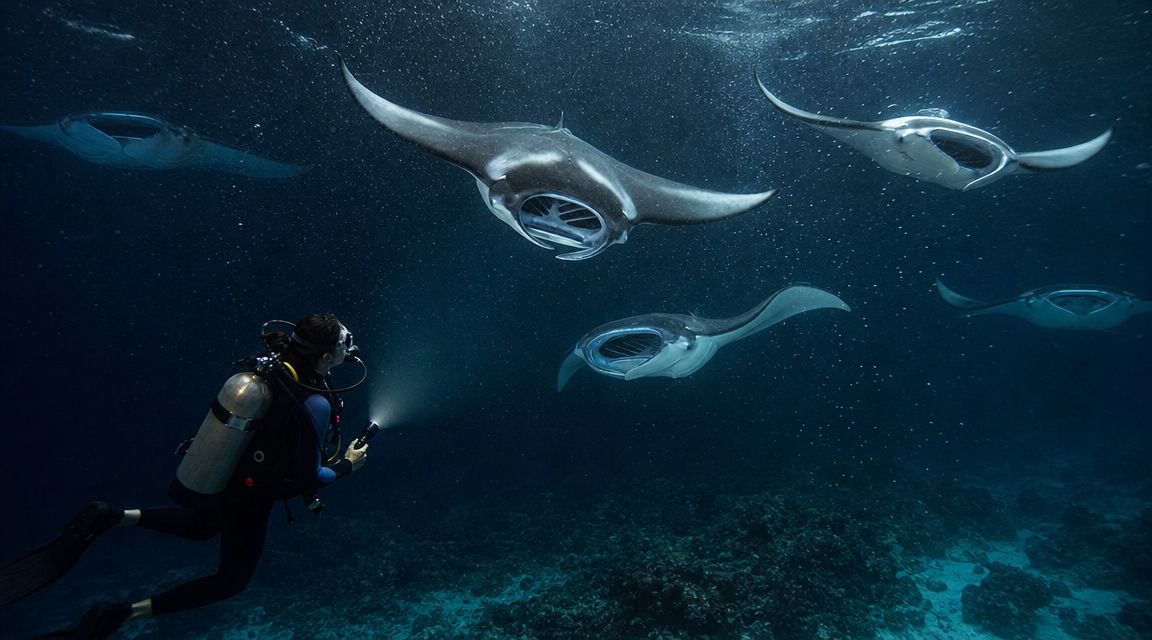 A scuba diver explores the dark ocean depths while interacting with several large manta rays swimming nearby.