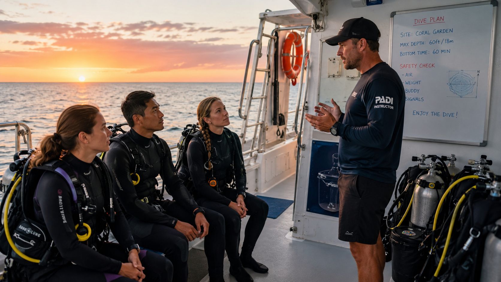 A scuba instructor briefing three students on a boat deck during a vibrant sunset over the ocean.