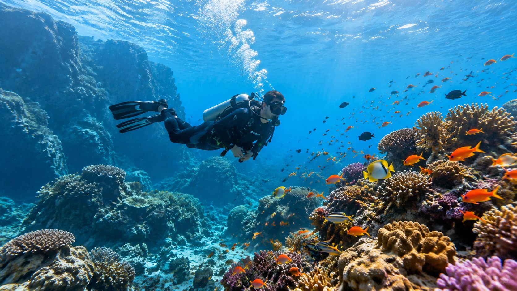 A scuba diver explores a vibrant coral reef filled with colorful tropical fish near the Big Island.