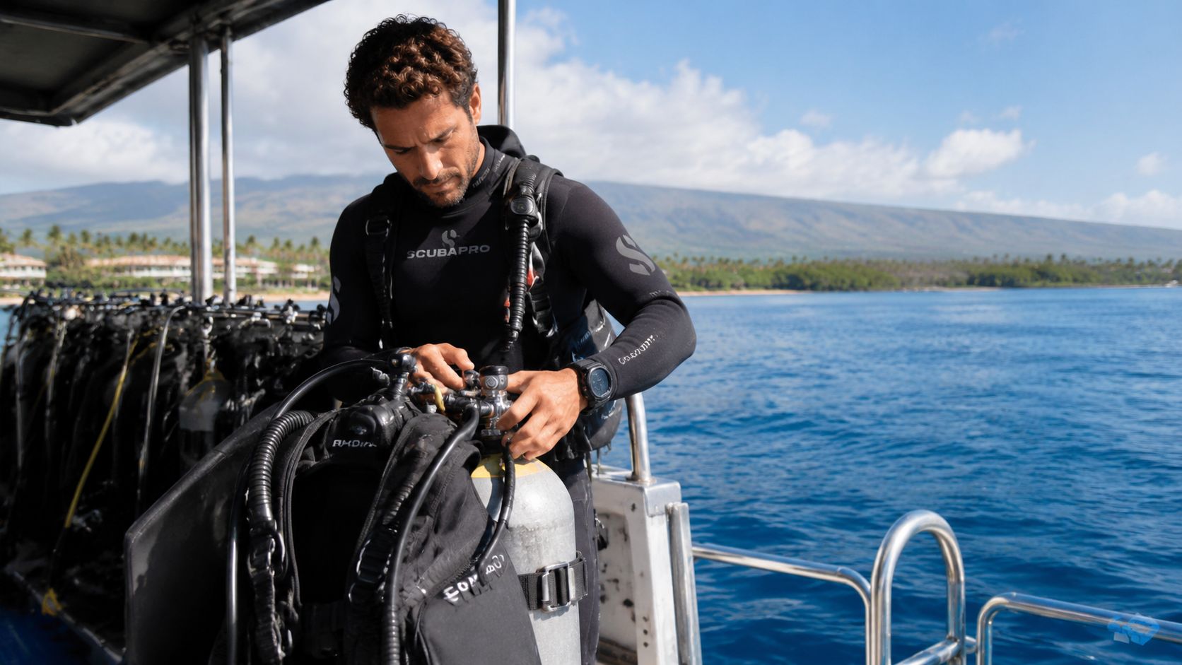 A male scuba diver preparing his diving equipment on a boat off the coast of Hawaii.