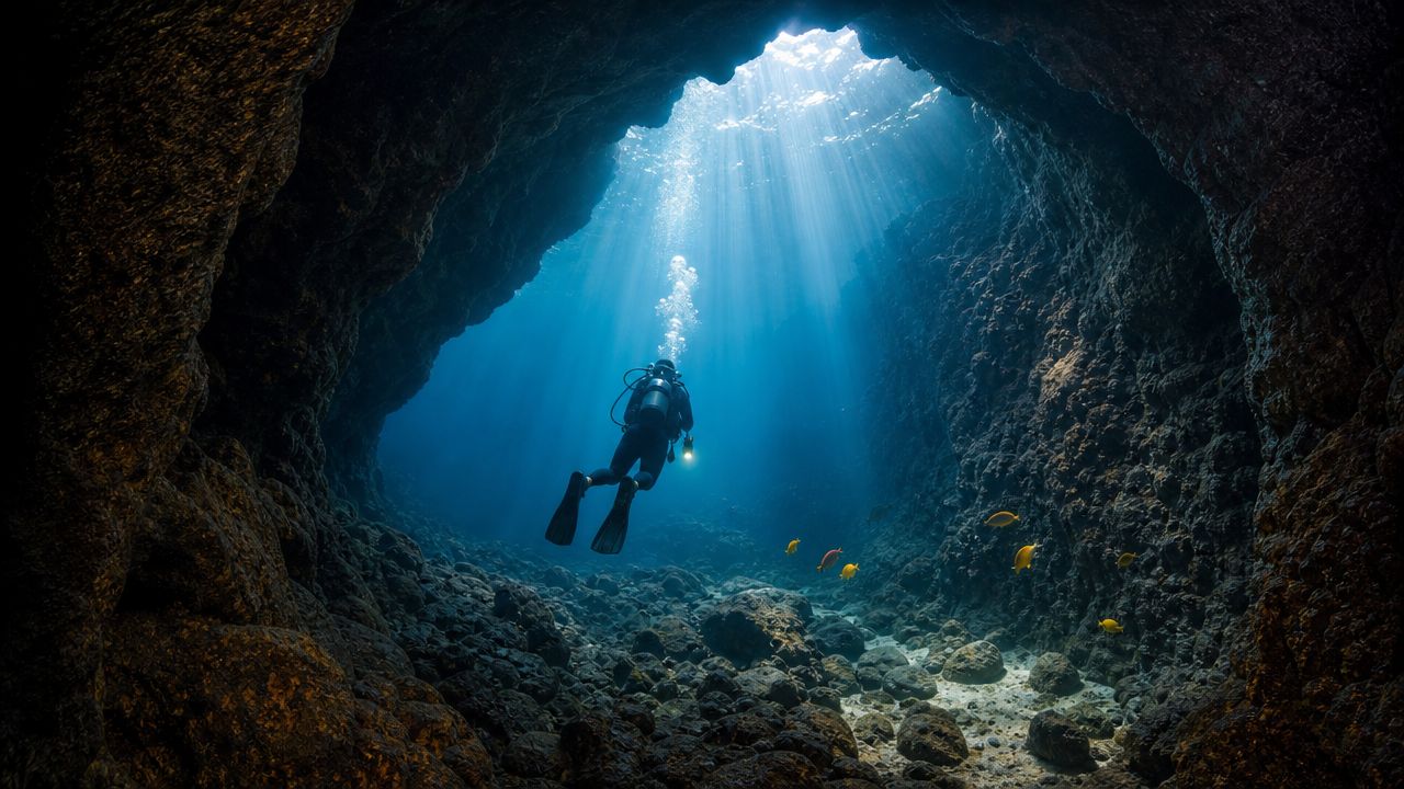 A scuba diver exploring a deep underwater cave with sunlight streaming down from the surface above.