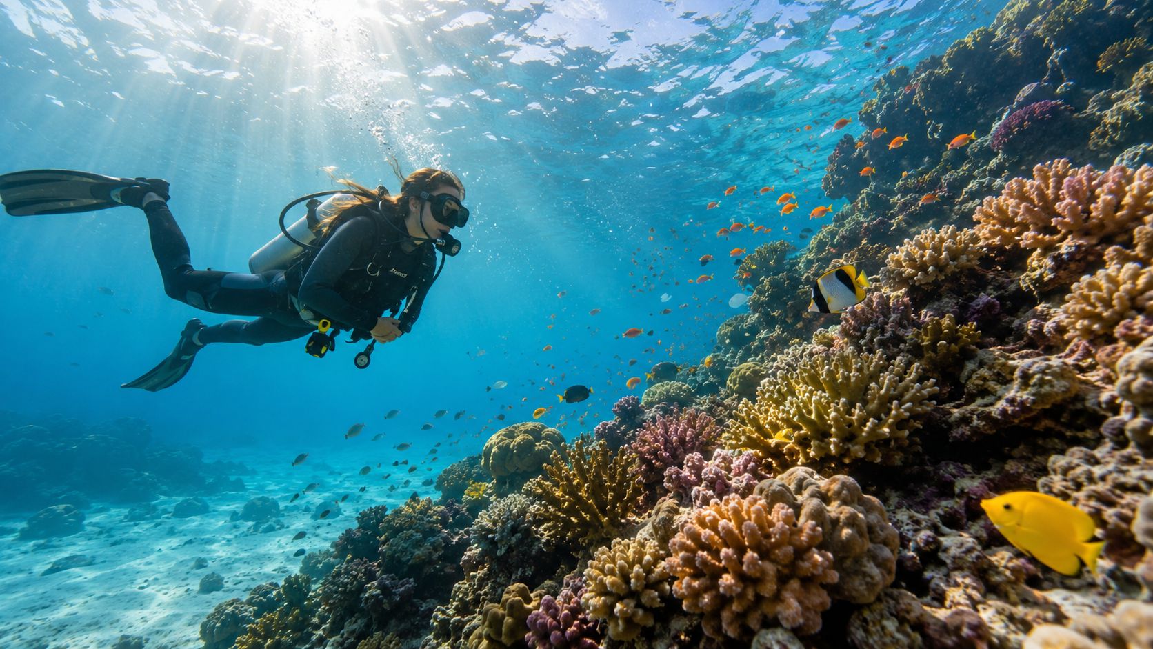 A scuba diver explores a vibrant coral reef filled with colorful tropical fish on the Big Island.