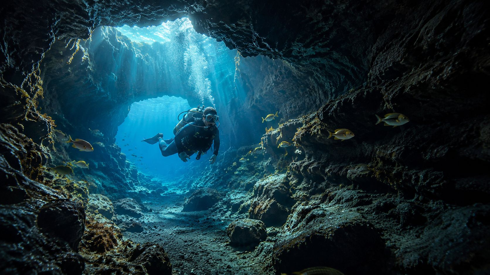 A scuba diver explores a sunlit underwater volcanic cavern filled with tropical fish near the Big Island.