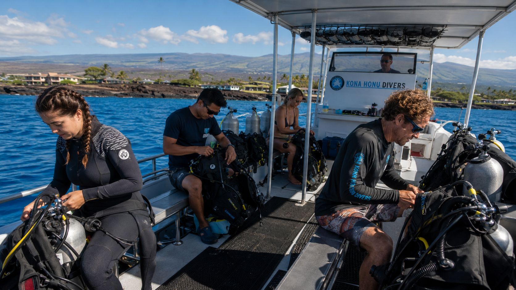 Scuba divers preparing their gear on a boat in the ocean near the Kona coast.